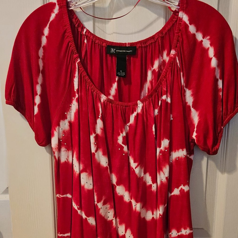 INC Red and White Tie Dye Top with Rhinestones